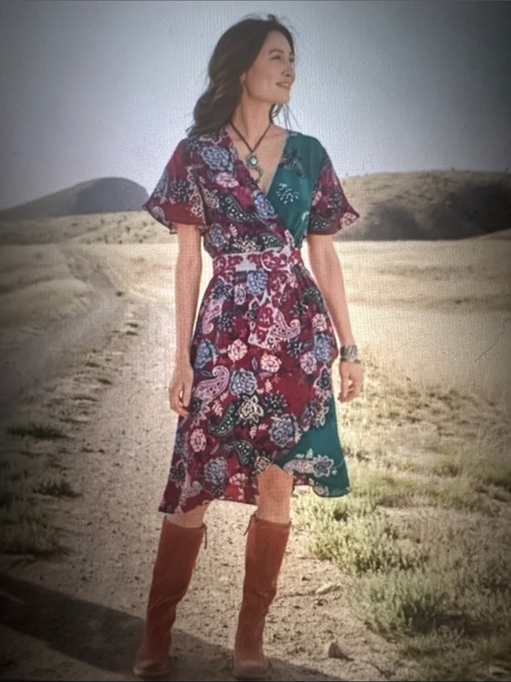 Women’s Sundance Paisley Dreams Midi Dress in Burgundy/ Teal Floral, size Large